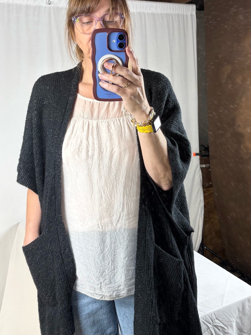 CAbi Black Open-Front Pocketed Knit Shrug